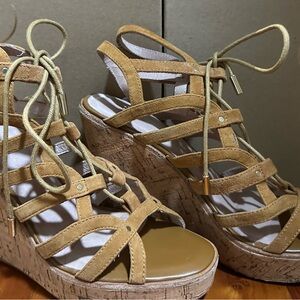 JOIE LARISSA Elegant Tan Lace-Up Wedge Sandals